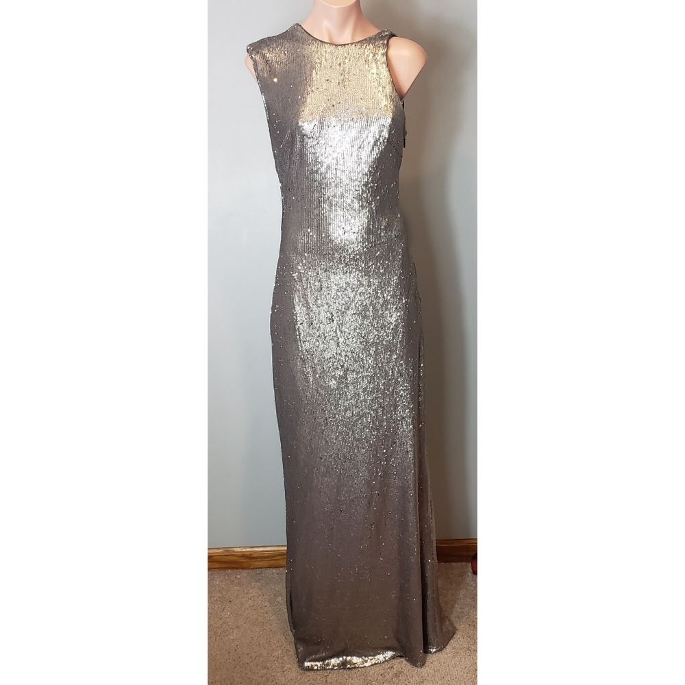 Halston Heritage Silver Sequin cut out gown 4 Holiday Retroglam Metallic Party